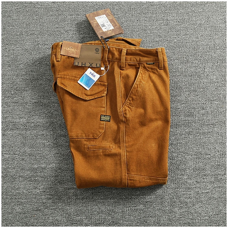 Retro heavy simple cargo pants men's loose straight leg casual pants pure cotton twill woven 3D vertical cut cone pants