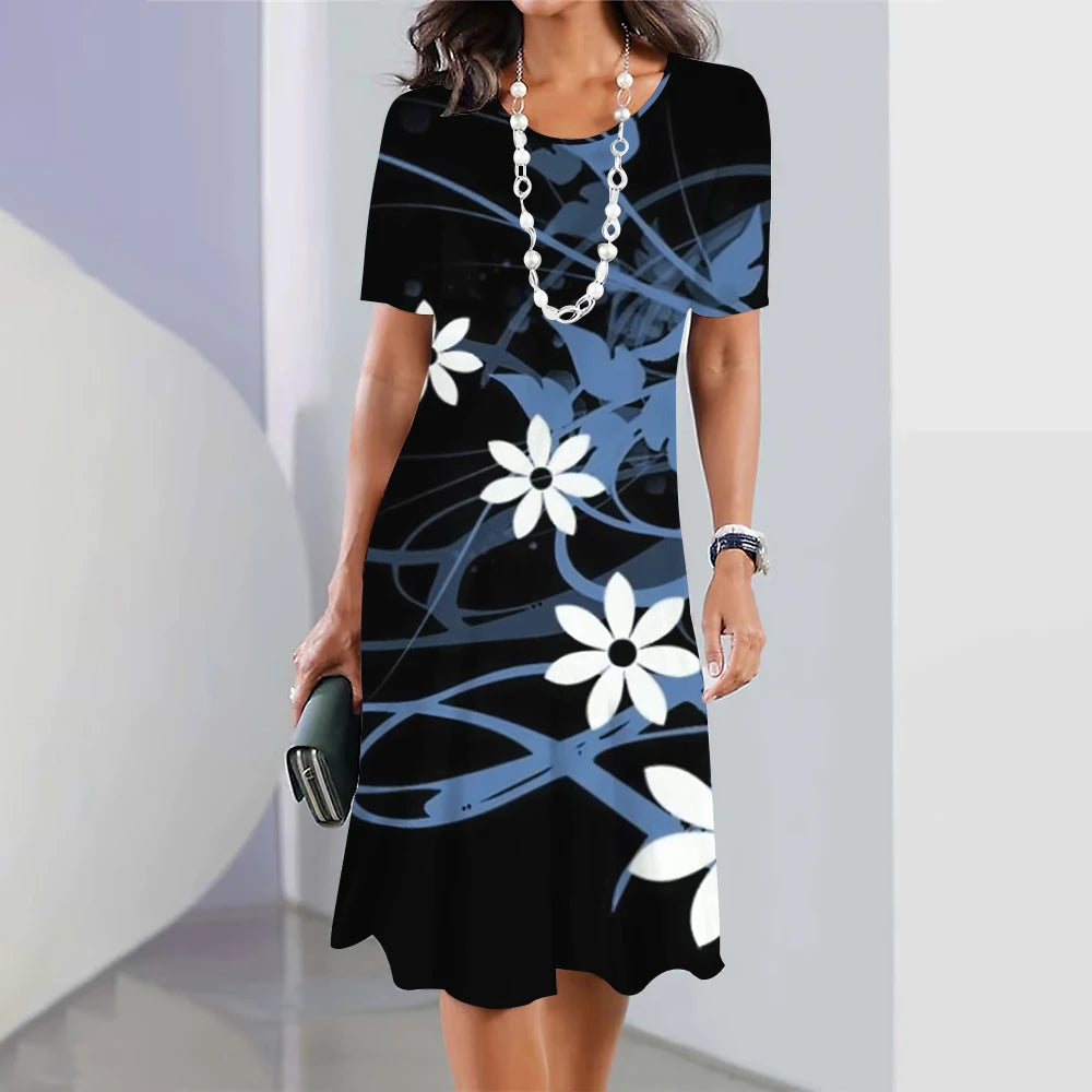 Summer Women'S Dresses 3d Art Flowers Printed Short Sleeve Clothing Elegant Loose A-Line Skirt Fashion Lady Large Size Dress