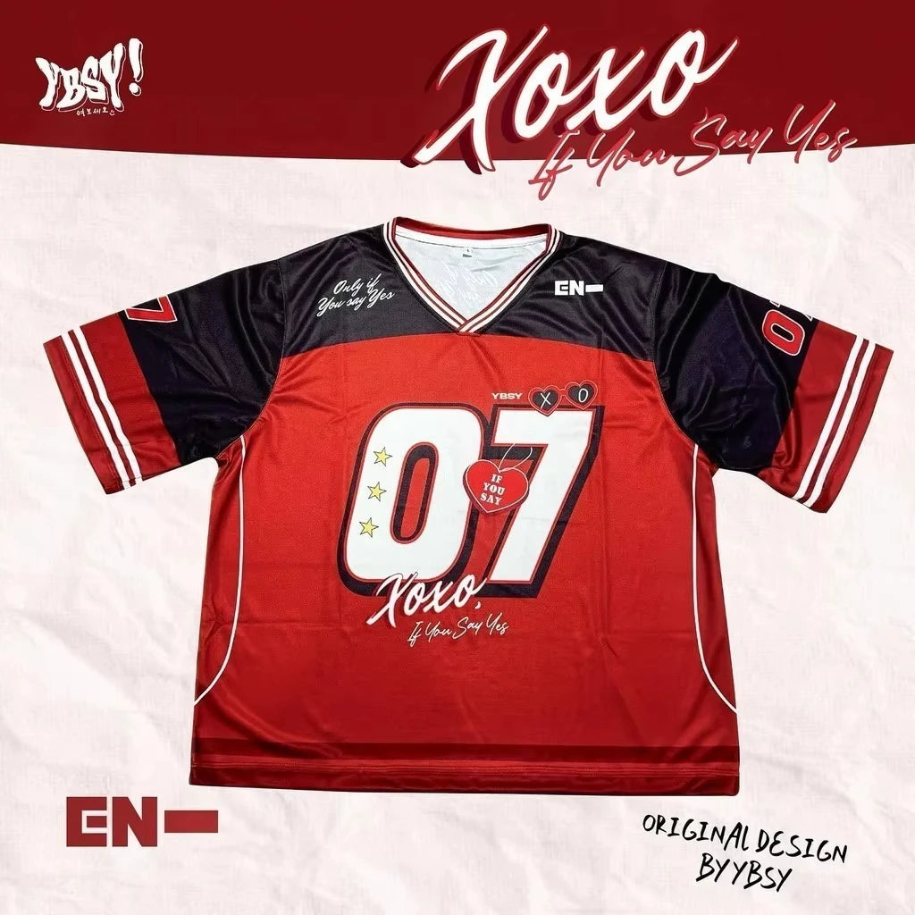 2025 Summer New EN Special Jersey X.O Women's V-neck Loose Breathable T-shirt Street Fashion Casual Retro Y2K Hip Hop Shirt