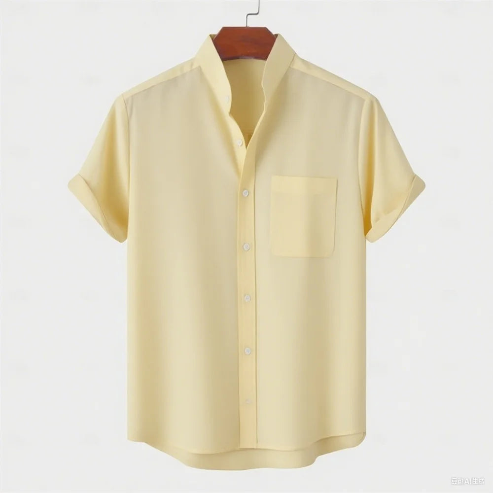 Summer new men's pure-color linen short-sleeved collared shirt - Casual enhanced version men's shirt - Fast shipping