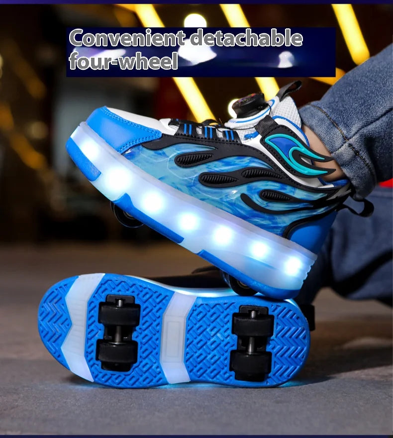 2025 New children's four-wheel novice light up rotary button automatic shrinkage fast walking shoes for boys sneakers
