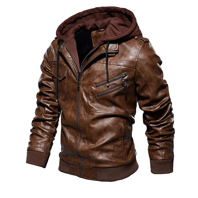 New Style Spring Antumn Men Brown Leather Motorcycle Jacket with Removable Hooded Male PU Jacket Coat EU Size High Quality