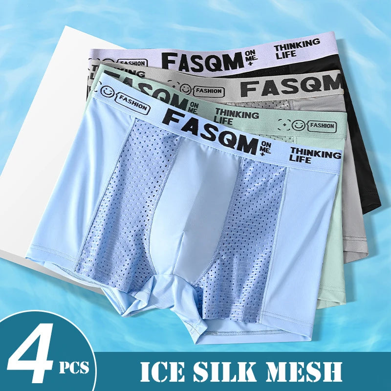 4pcs Mesh Ice Silk Boxer Shorts Men's Underwear FASQM Underpants Breathable Sexy Slim Panties Bamboo Lingerie Plus Size L-6XL