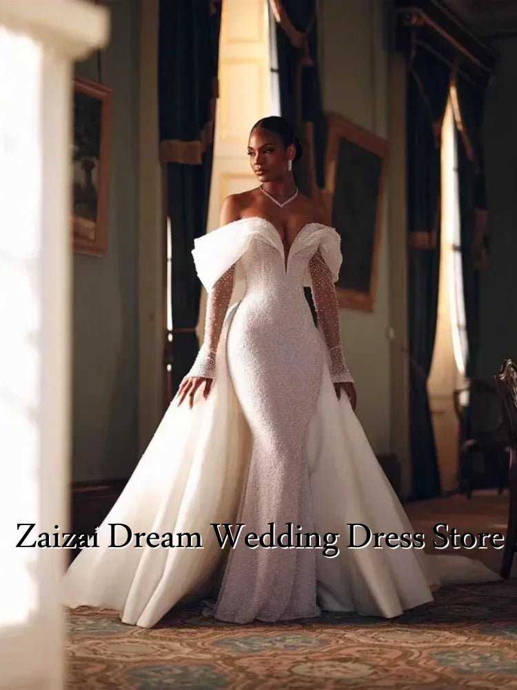 Customized Luxury Detachable 2 In 1Mermaid Wedding Dress Lace Sequins with Train V Neck Full Sleeve Bride Gown  Vestido De Novia