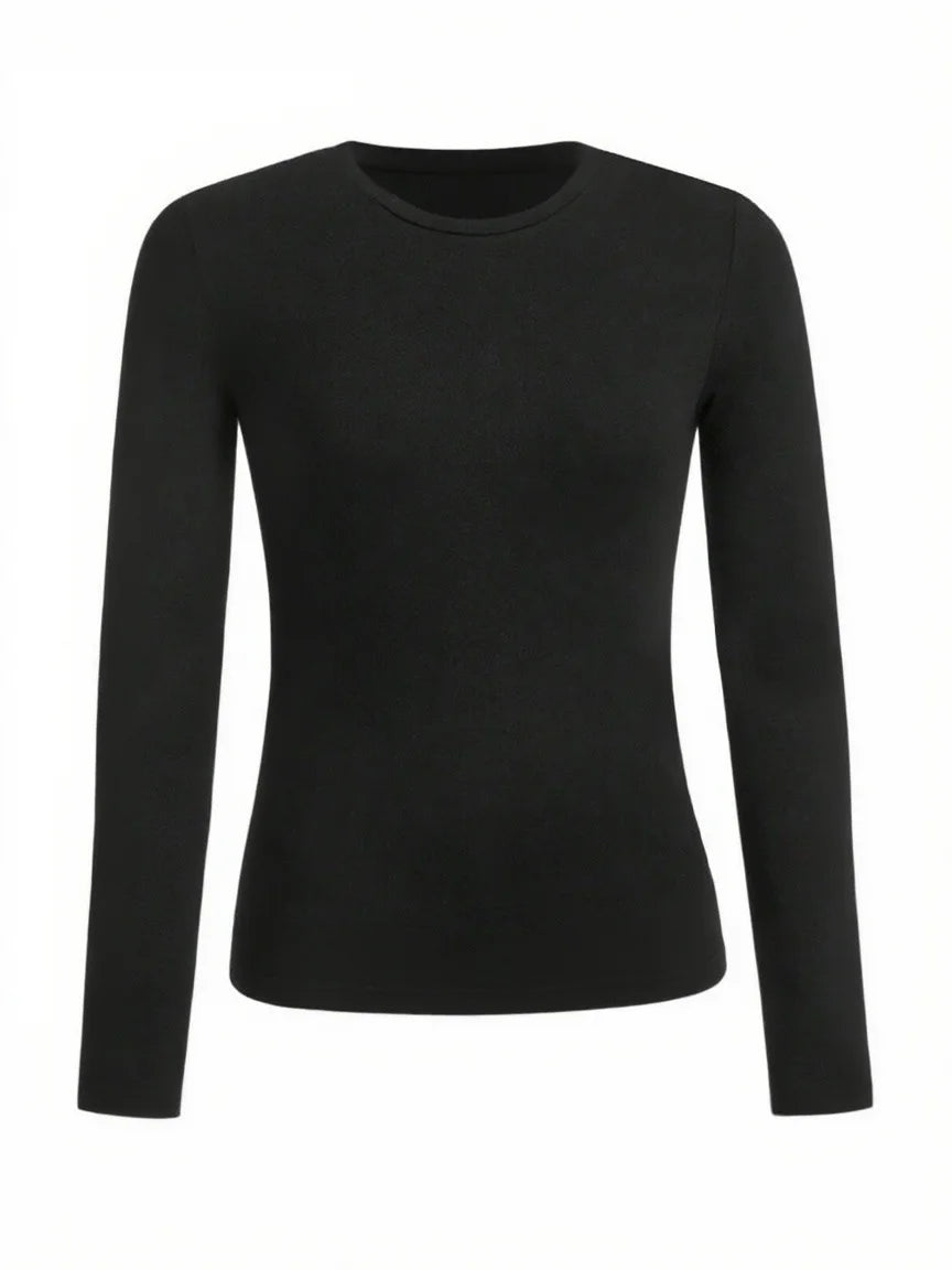 Women's solid-color long-sleeved T-shirt - Polyester knitted fabric, round neck, regular fit, fall-winter style