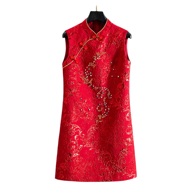 Red Chinese Style Sleeveless Beaded Dress for Wedding, Banquet, Evening Party Elegant Midi Dress for Women