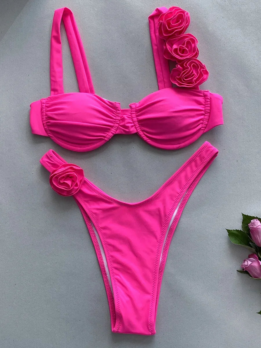 Sexy 3D Flowers Underwired Brazilian Bikini Women Swimwear Female Swimsuit Two-pieces Bikini Set Triangle Bathing Suit Swim Lady