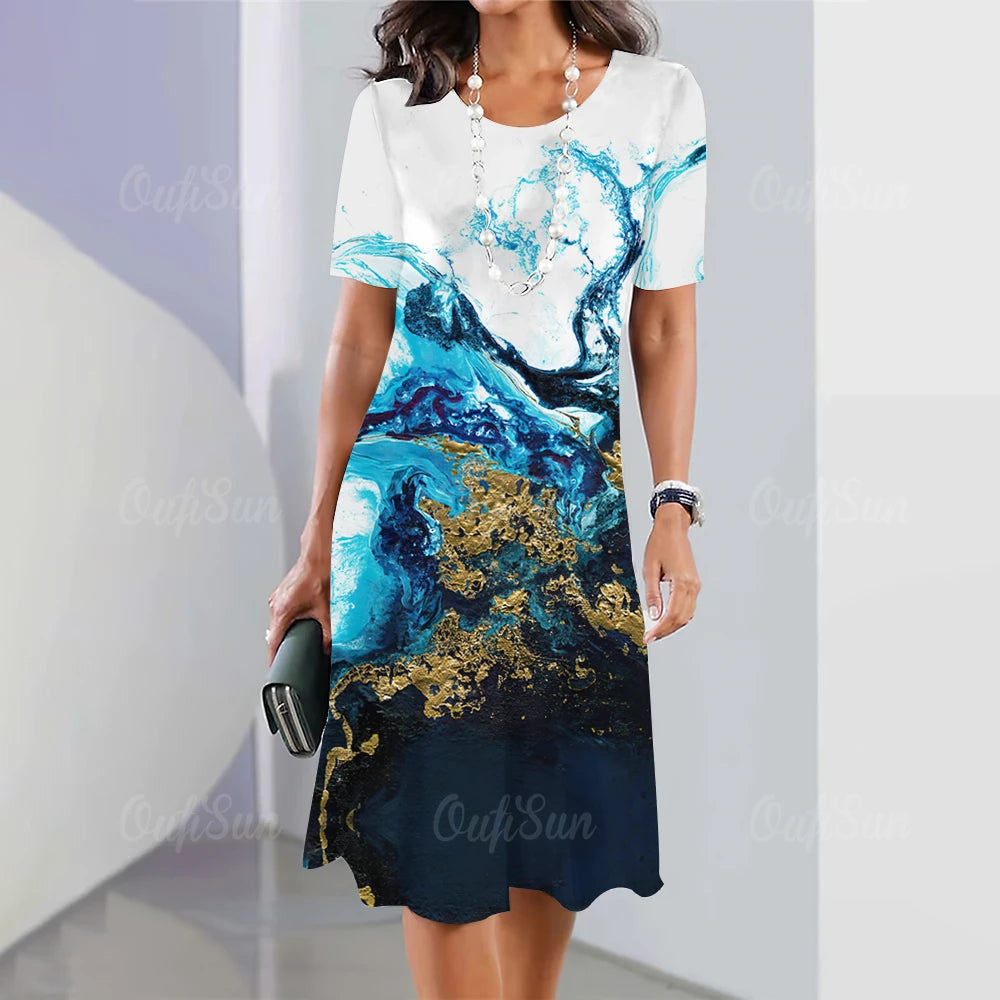 Summer Women'S Dresses 3d Art Flowers Printed Short Sleeve Clothing Elegant Loose A-Line Skirt Fashion Lady Large Size Dress