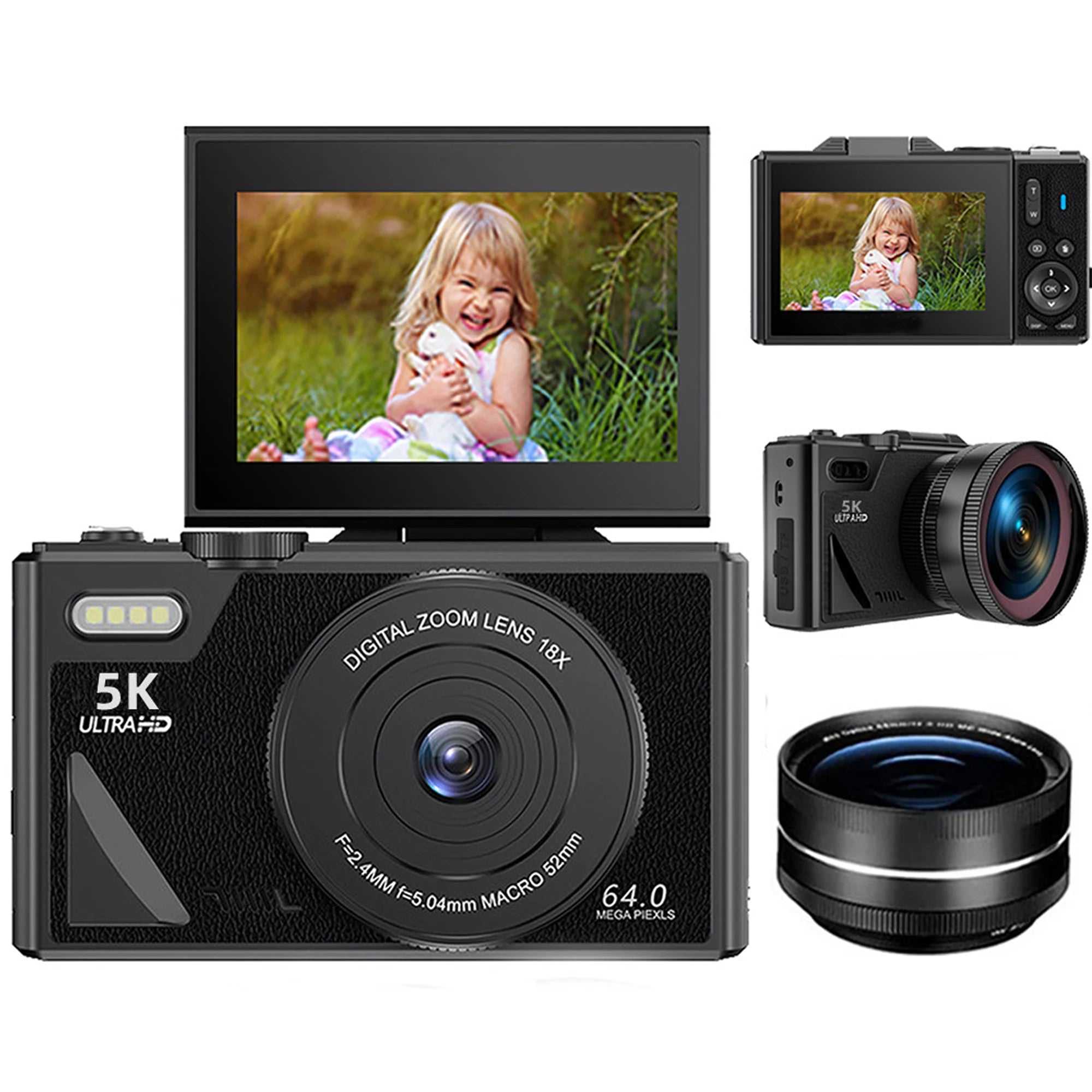 5K 75MP Digital Camera for Photography 18X Zoom YouTube Vlog Video Camera 3’’ Flip Screen Beginner Anti-shake Selfie Camcorder