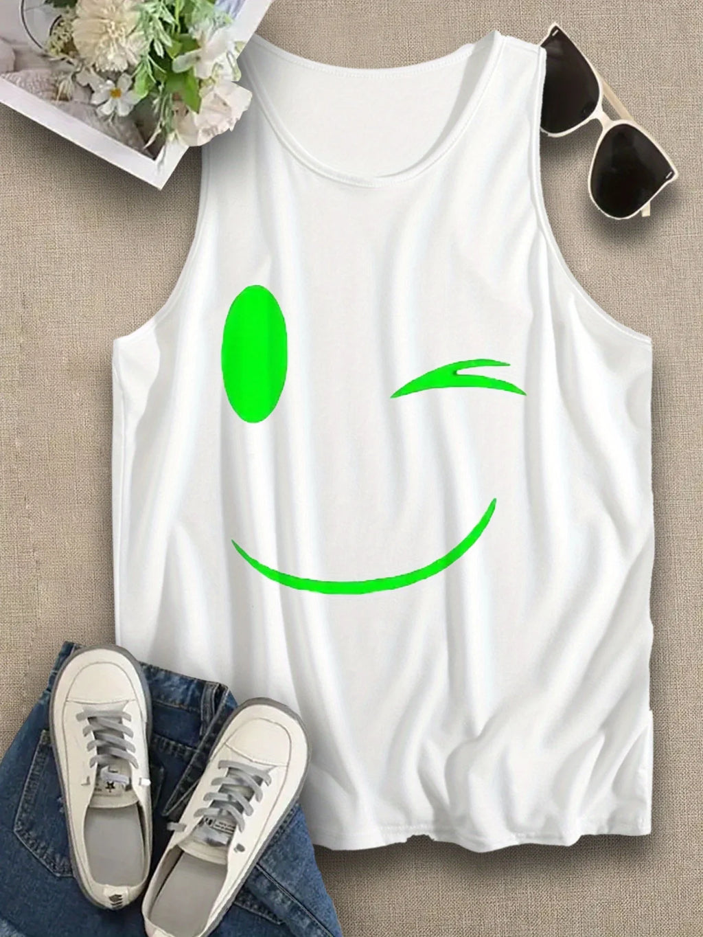 Loose plus size wing pattern printed round neck white vest summer casual sleeveless top women's clothing