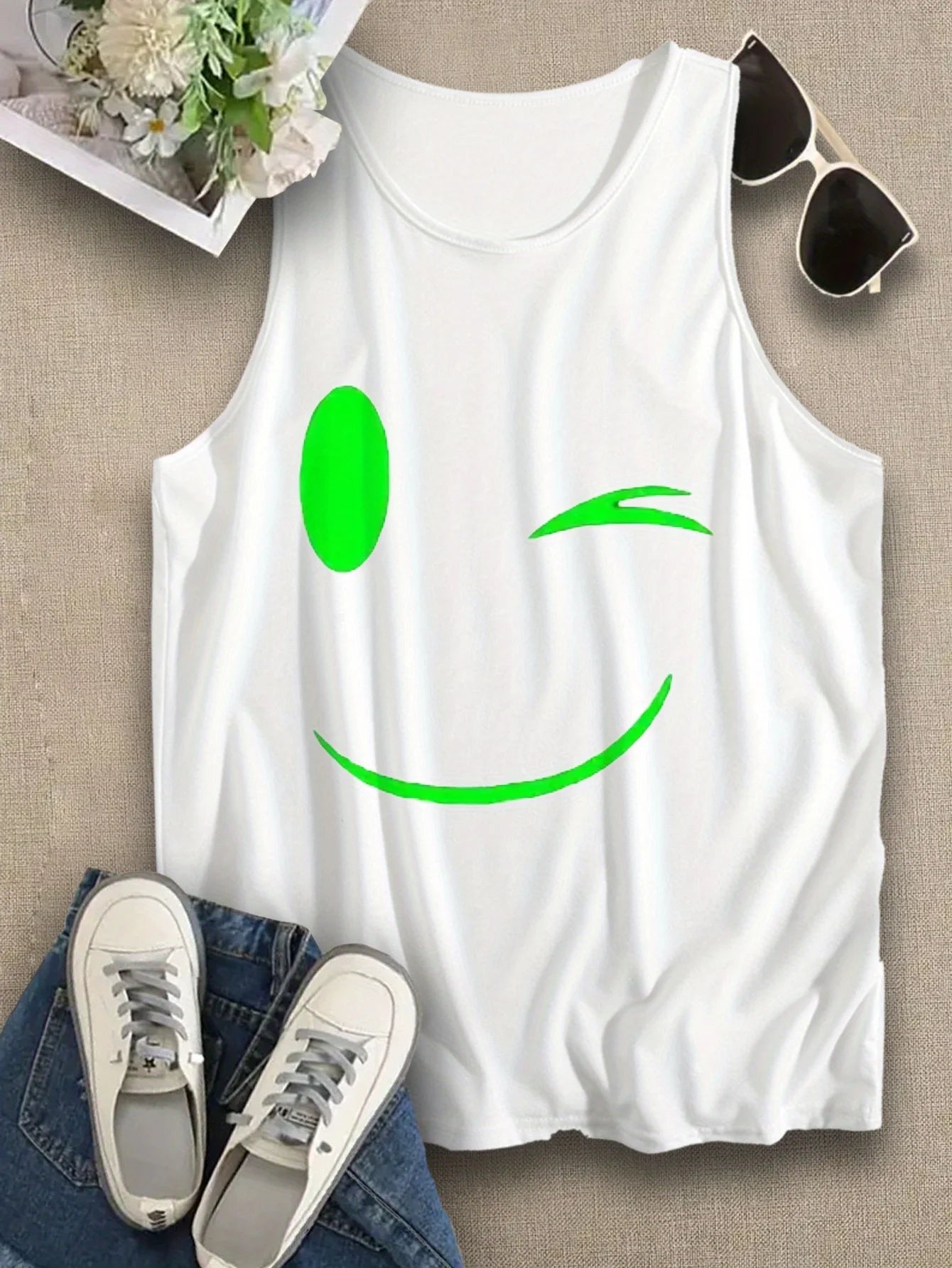 Loose plus size wing pattern printed round neck white vest summer casual sleeveless top women's clothing