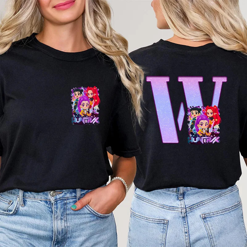 Fashion A-Z 26 Letter T-Shirts Kpop Demon Hunters Graphic Aesthetic Clothing Women T-Shirt Harajuku Female Clothing Y2k Tops