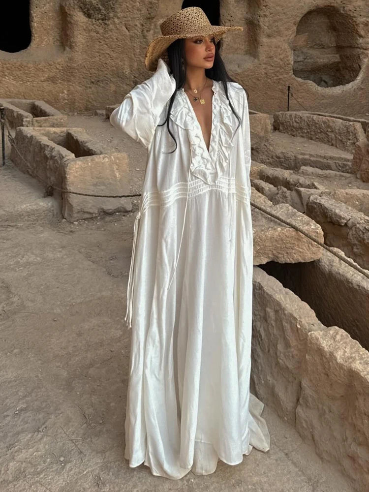 HH 2025 Summer Women's Beach Style Long Dress White V-neck Lace Drawstring Waist-hugging Women's Casual Dress Streetwear