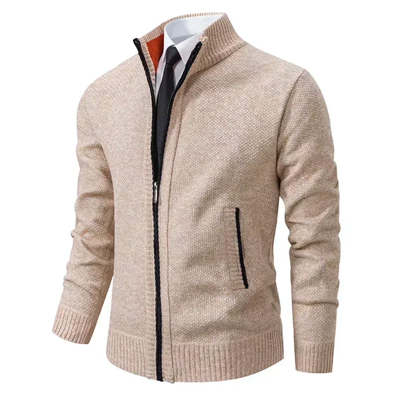 2025 Autumn and Winter New Jersey Men's Casual Sports Coat Solid Color Stand Collar Sweater Grab Fleece Warm Zipper Cardigan