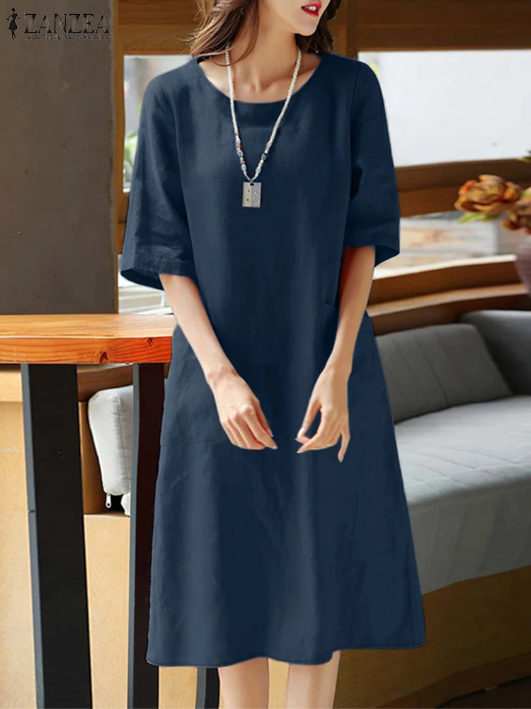 2025 Spring Summer Dress ZANZEA Women O Neck Half Sleeve Sundress Solid Cotton Dresses Robe Femme Casual Loose Holiday Vestidos