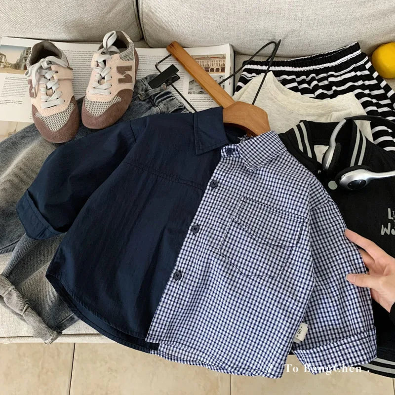 2025 Autumn Winter Cotton Boys Shirt Children Kid Long Sleeve SweatShirt Baby Turn-down Collar Patchwork 3-10 Years Toddler