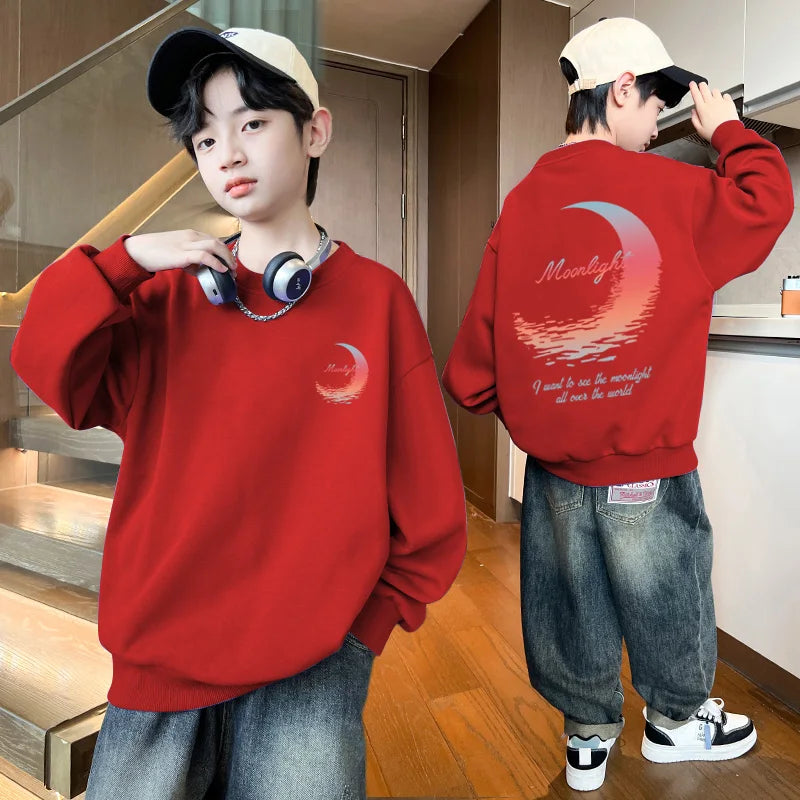 3-14 Years Boys Girls Sweatshirt Pullover Autumn Moon Graffiti Printed Long Sleeves T-Shirt Tops Korean Casual Kids Clothes 2025