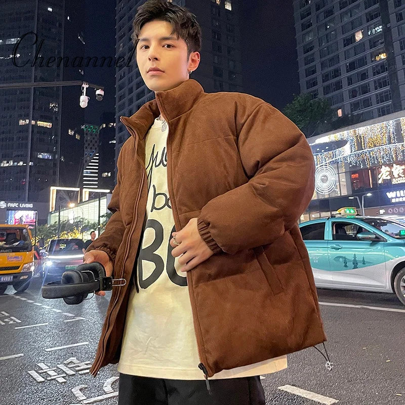 Men's Winter Loose Plus-sized Simple Stand-up Collar Cotton-padded Jacket Warm Thick Trendy Versatile Bottoms