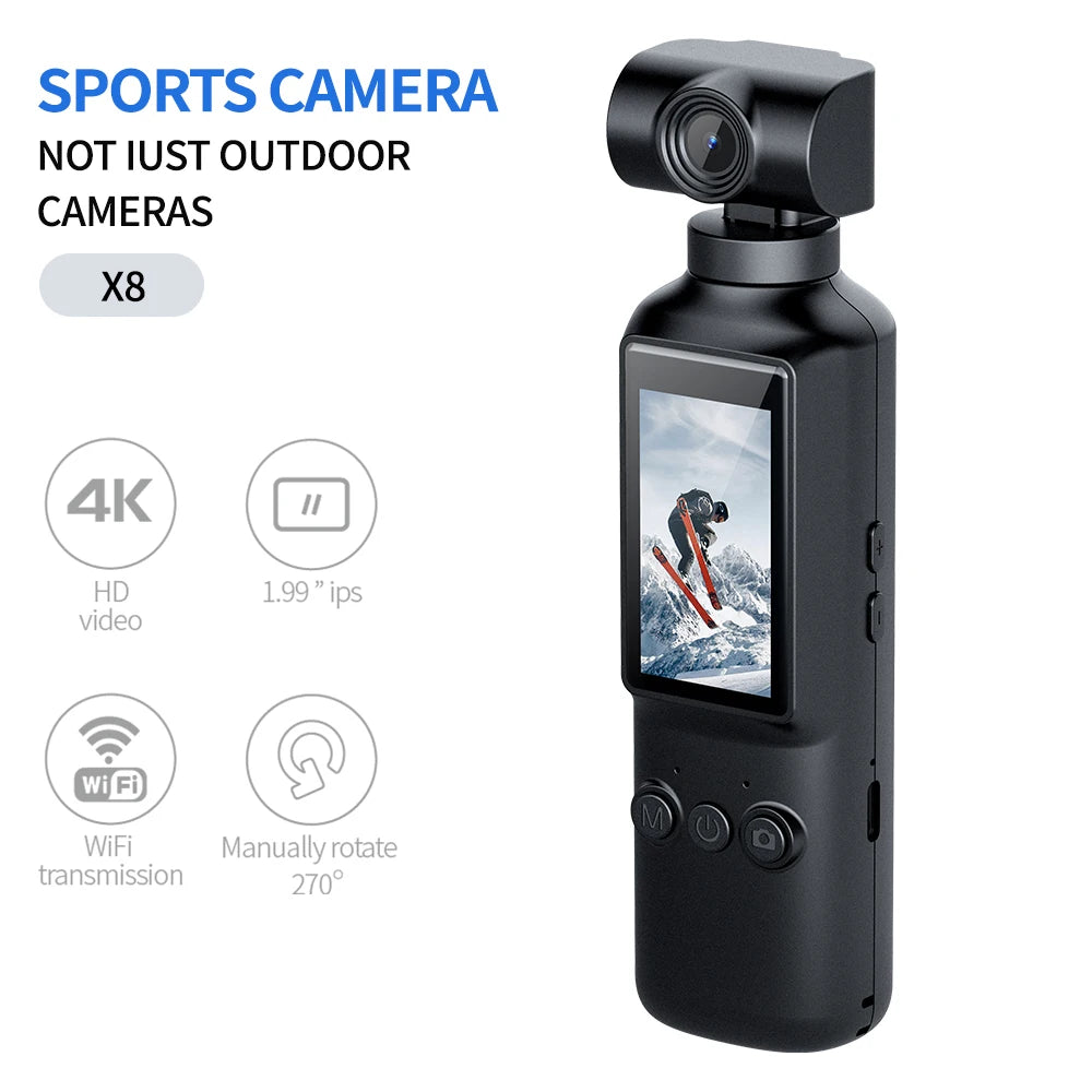 Portable 4K/2K video camera, rotatable lens charging action camera, travel and party recorder, outdoor sports Vlog camera