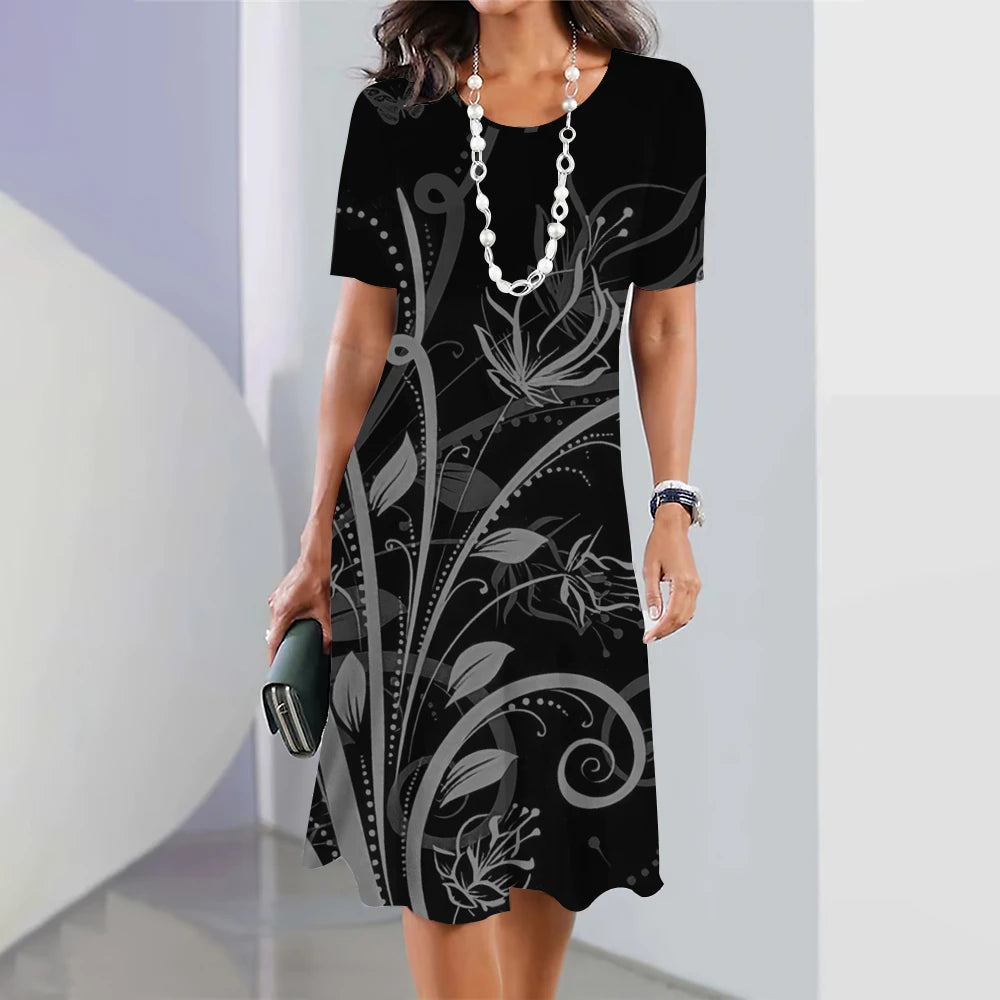 Summer Women'S Dresses 3d Art Flowers Printed Short Sleeve Clothing Elegant Loose A-Line Skirt Fashion Lady Large Size Dress