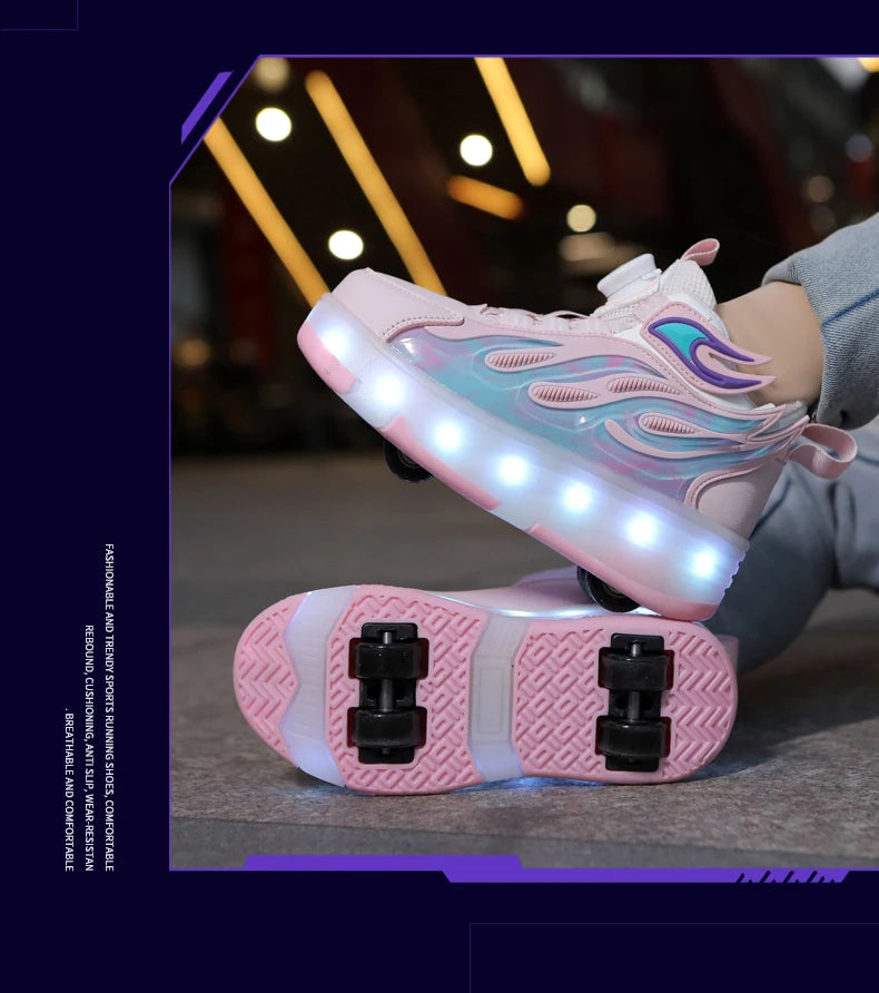 2025 New children's four-wheel novice light up rotary button automatic shrinkage fast walking shoes for boys sneakers