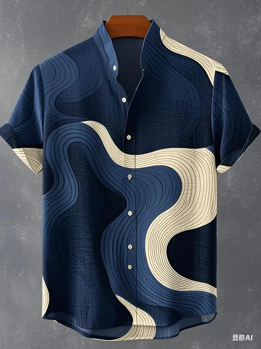 Chemise à manches longues et col montant pour homme, nouvelle collection printemps-automne, imprimée en 3D, rayures irrégulières