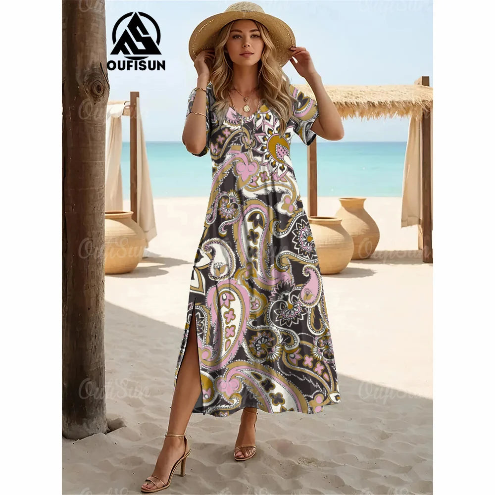 Elegant Womens Dresses Summer V-Neck Women's Clothing Vintage Woman Long Dress Fashions Evening Dress Loose Oversize Pullover