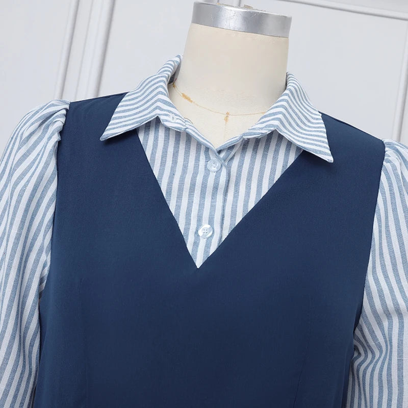 ZANZEA Women Long Shirt Dresses Autumn Long Sleeve Striped Fake 2 Piece Shirts Maxi Robe Fashion Elegant Office Party Vestidos