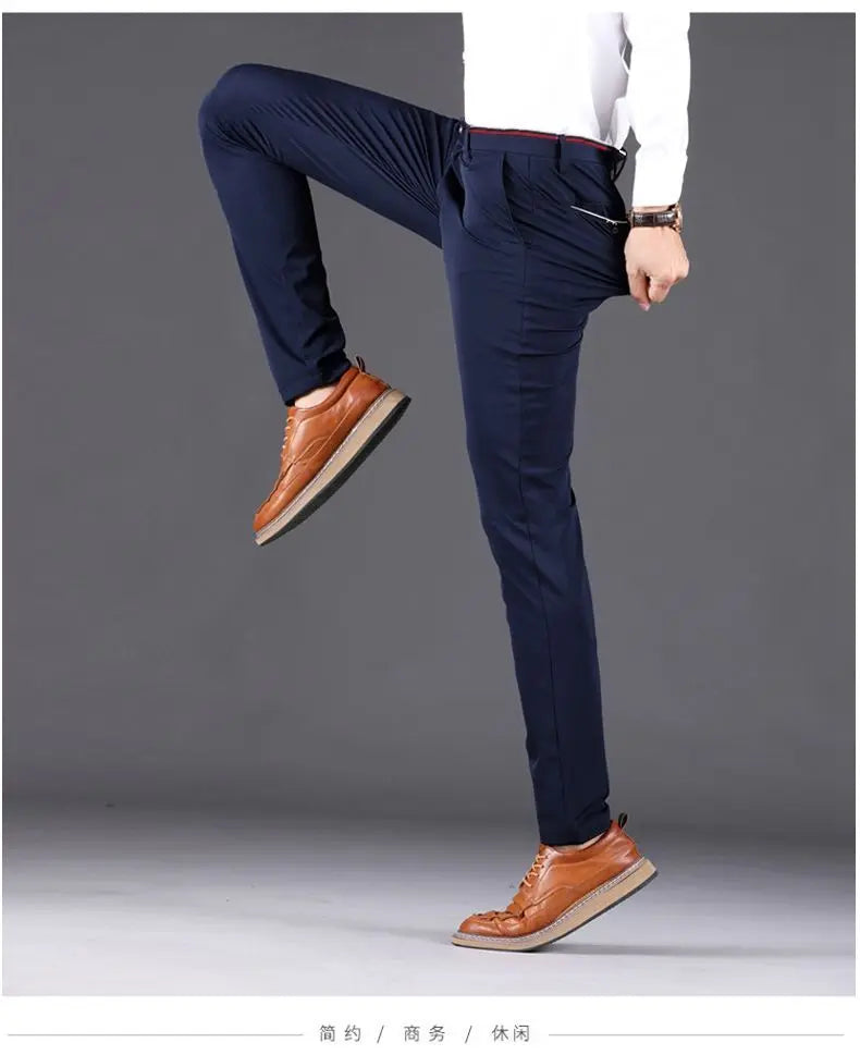 Elastic Waist Dress Pants Men, Professional Office Trousers Wrinkle Resistant, Spring Autumn Slim Fit Thin Business Chino Pants
