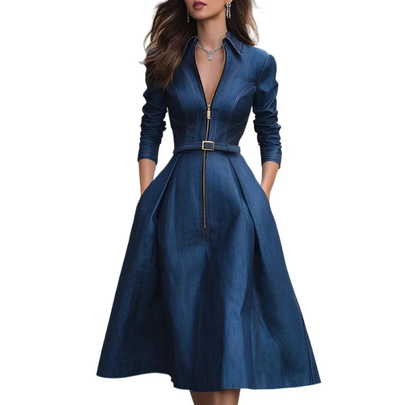 Modigirl Woman Blue A-Line Dresses 2025 Spring Fall New Pleated High Waisted Pockets Zipper Lapel Vintage Women's Midi Dress