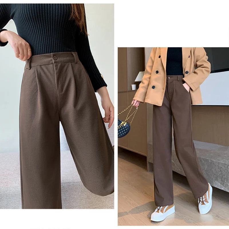 Women Thicken Commute Wide Leg Pants Lady Classic Brown Black Outside Trousers Female High Waisted Solid Color Casual Suit Pants