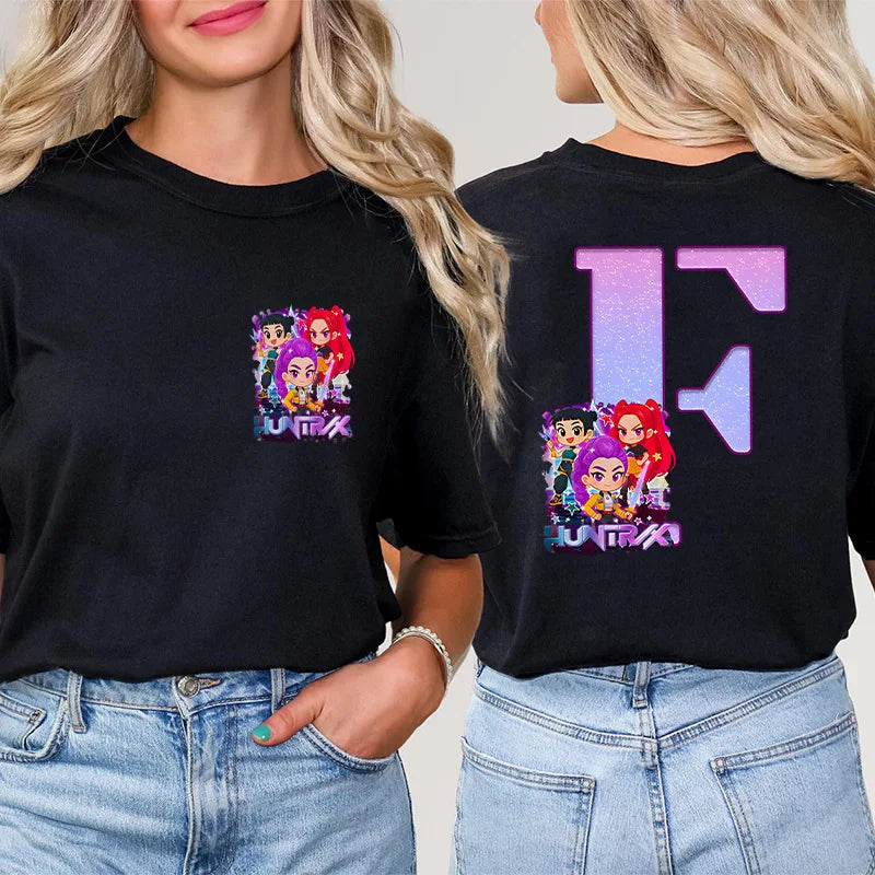 Fashion A-Z 26 Letter T-Shirts Kpop Demon Hunters Graphic Aesthetic Clothing Women T-Shirt Harajuku Female Clothing Y2k Tops