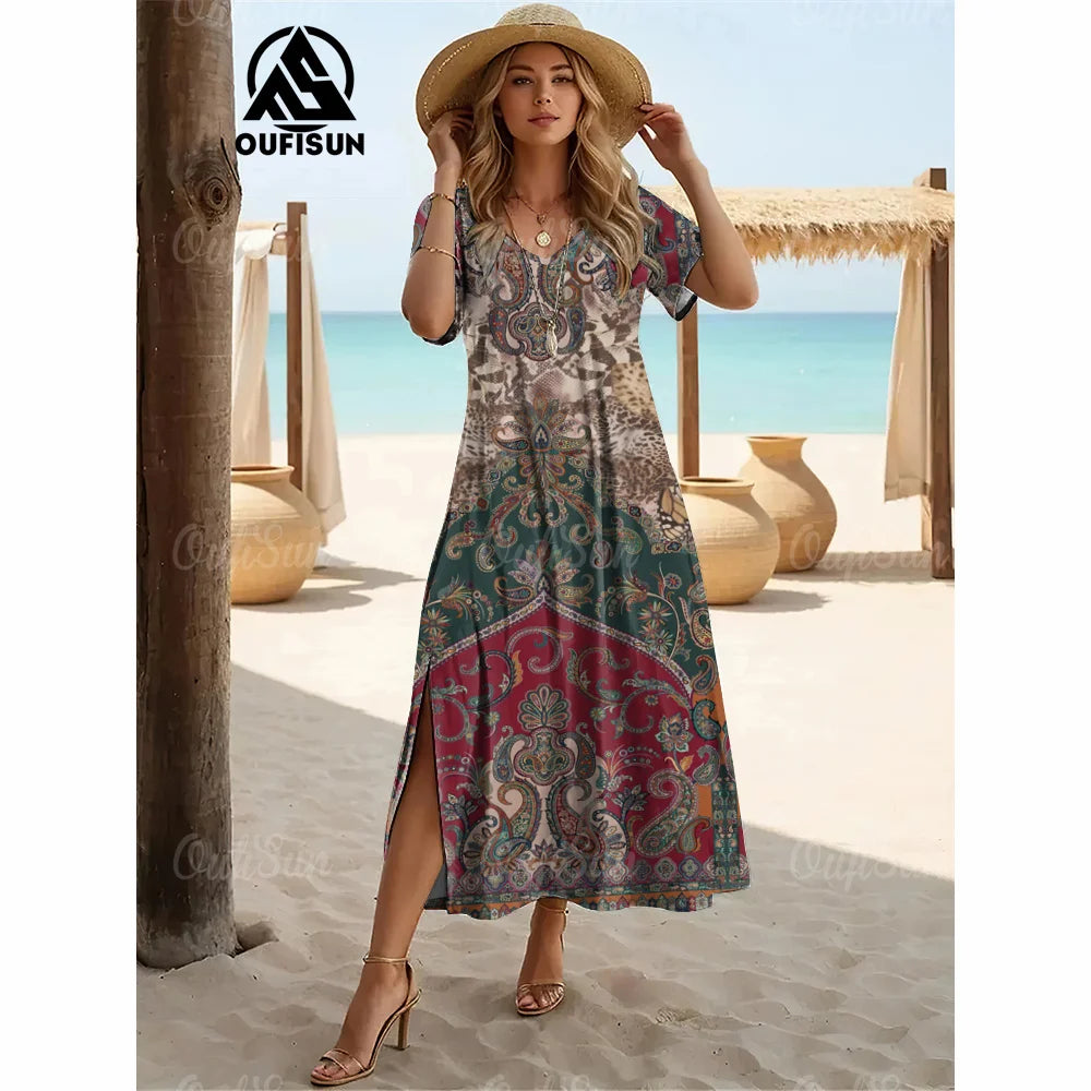 Elegant Womens Dresses Summer V-Neck Women's Clothing Vintage Woman Long Dress Fashions Evening Dress Loose Oversize Pullover