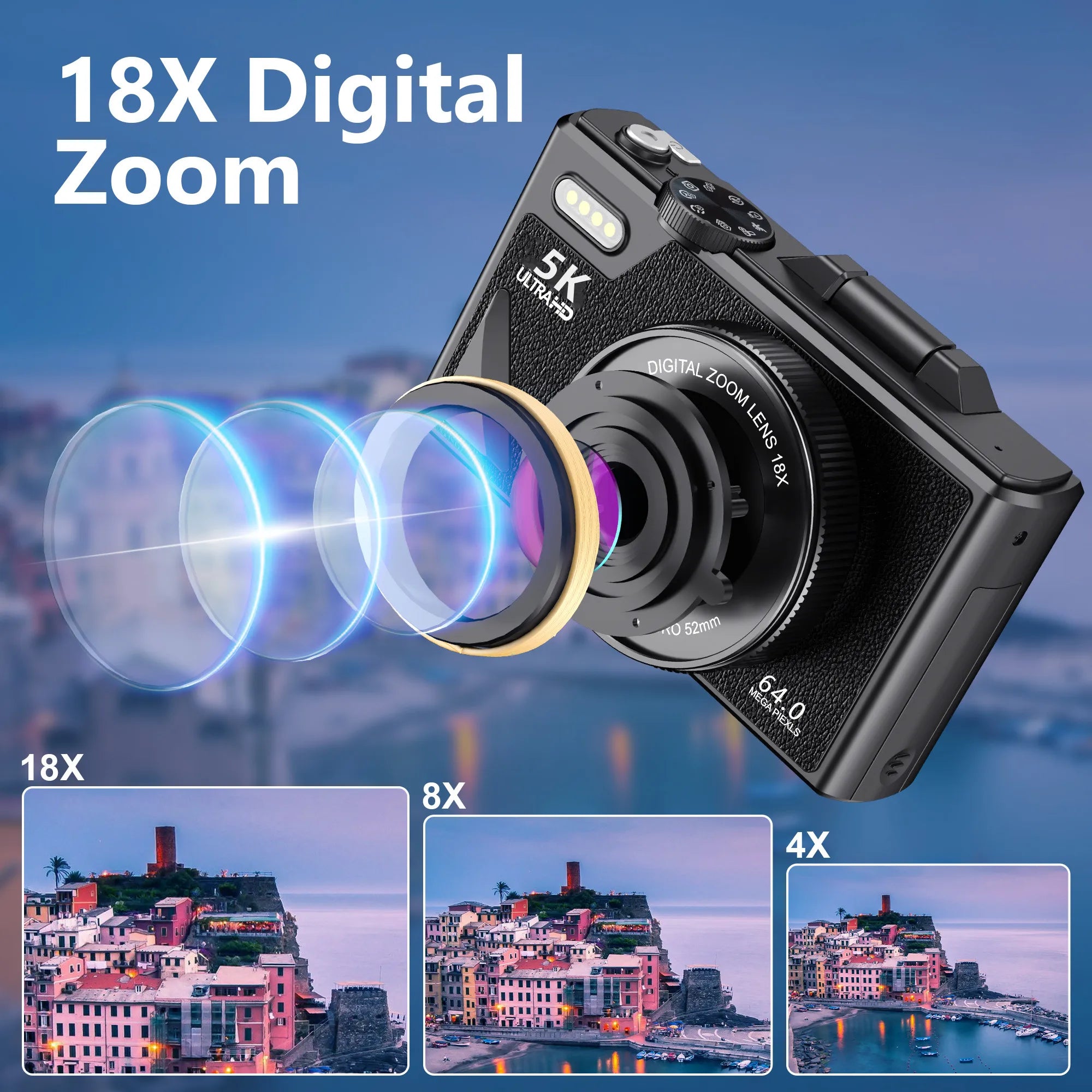 5K 75MP Digital Camera for Photography 18X Zoom YouTube Vlog Video Camera 3’’ Flip Screen Beginner Anti-shake Selfie Camcorder
