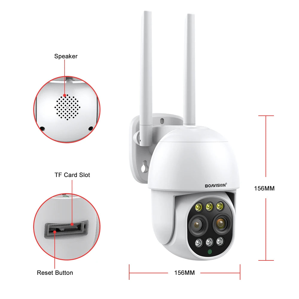 BOAVISION HD 8MP WIFI Camera PTZ Dual Lens 8X Digital Zoom Outdoor 4K AI humanoid Auto Tracking Zoom Audio iCSee Security Camera