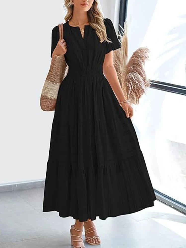 2025 Spring and Summer Cross border European and American Fashion Women's V-neck Folded Bubble Sleeve Layered Big Swing Dress