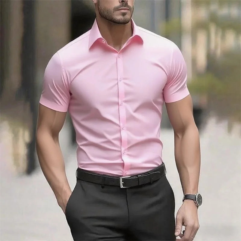 Solid color men's shirt casual shirt, high quality solid color short sleeve stretch fabric, business formal shirt, XS-6XL size