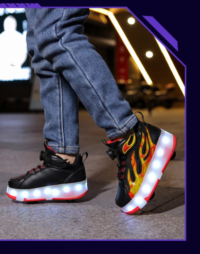 2025 New children's four-wheel novice light up rotary button automatic shrinkage fast walking shoes for boys sneakers