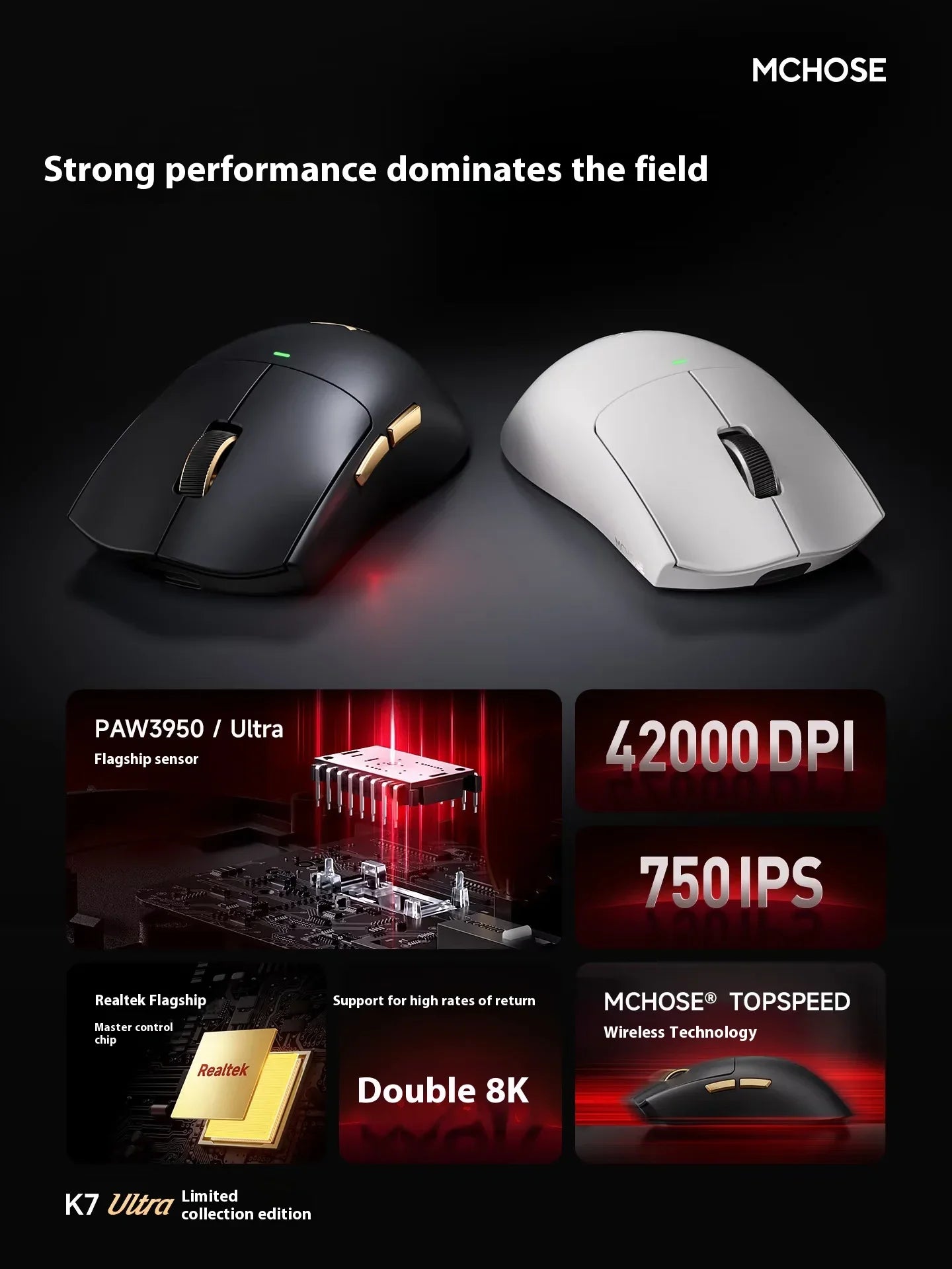MCHOSE K7 Ultra Gaming Mouse PAW3950 Magnetic Wireless Charging Dual 8K Wired wireless Bluetooth connection Esports office