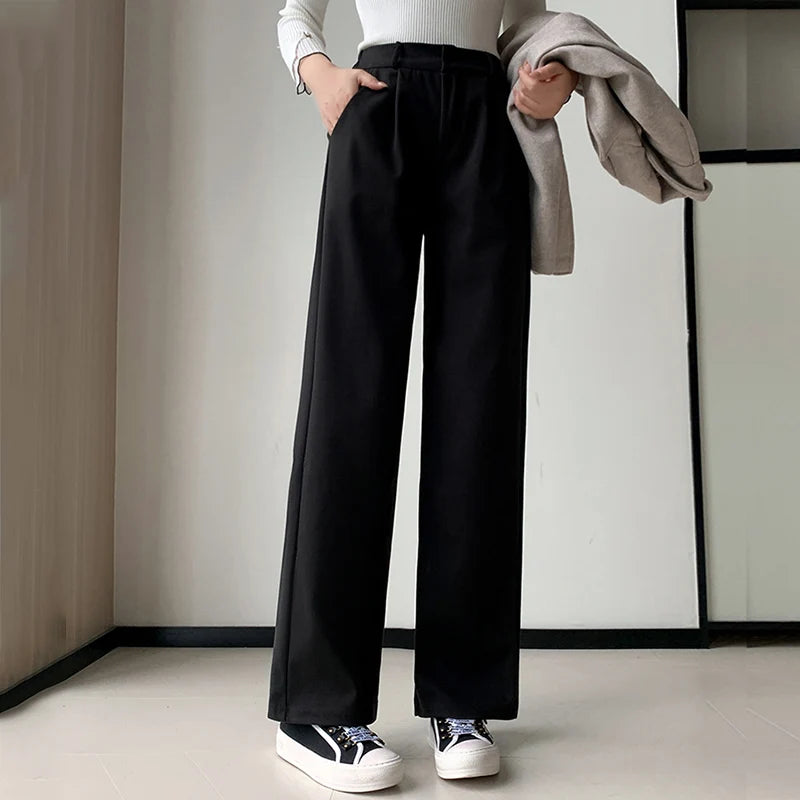 Women Thicken Commute Wide Leg Pants Lady Classic Brown Black Outside Trousers Female High Waisted Solid Color Casual Suit Pants