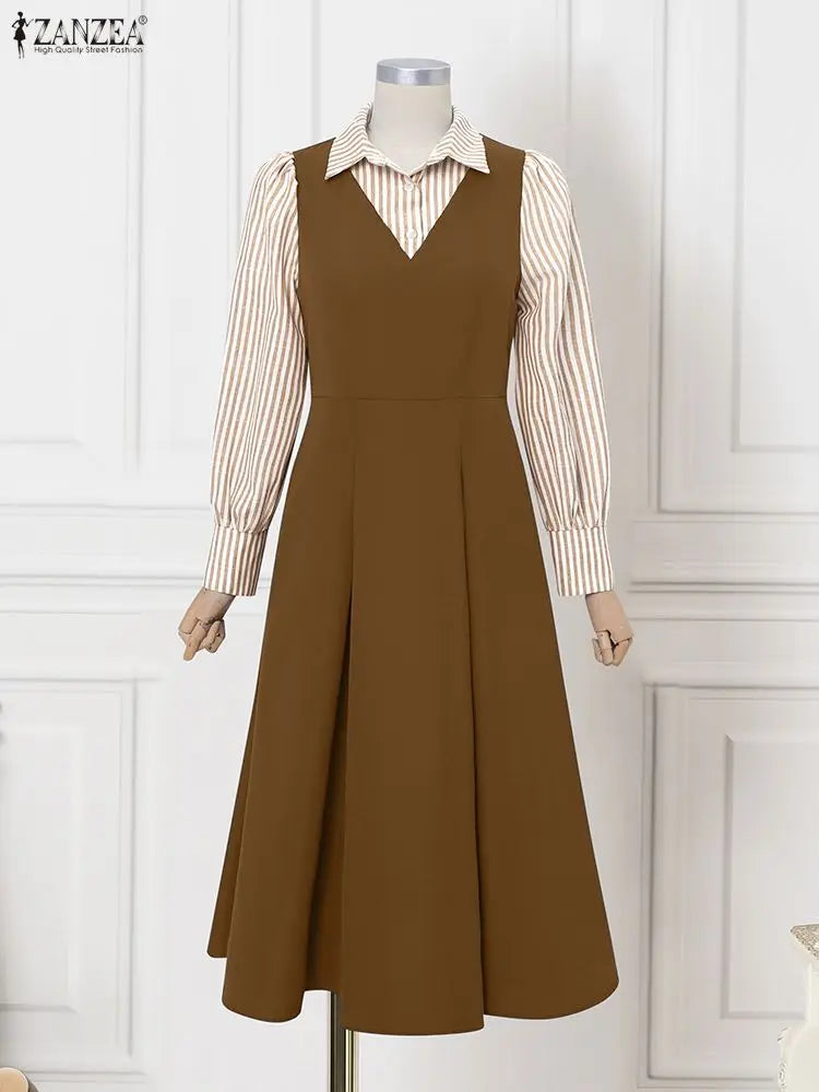 ZANZEA Women Long Shirt Dresses Autumn Long Sleeve Striped Fake 2 Piece Shirts Maxi Robe Fashion Elegant Office Party Vestidos