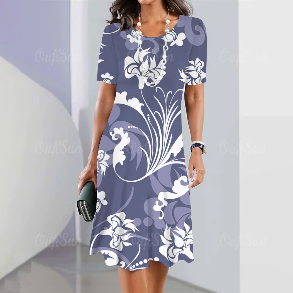 Summer Women'S Dresses 3d Art Flowers Printed Short Sleeve Clothing Elegant Loose A-Line Skirt Fashion Lady Large Size Dress