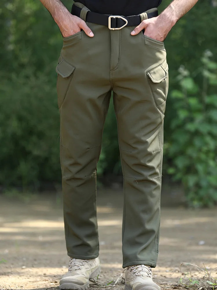 Fleece Lined Tactical Cargo Pants Men's Warm Thickened Outdoor Softshell Trousers Multi-Pocket Work Hiking Climbing Casual Wear