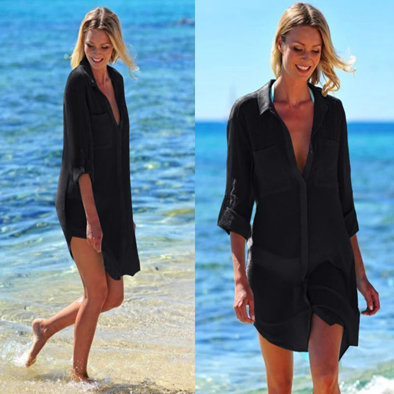 Blouse Top Tunics Chiffon Cardigan Long Sleeve Loose Beach Wear Cover Up Swimwear Women Dress Shirt Купальники Женские 2022