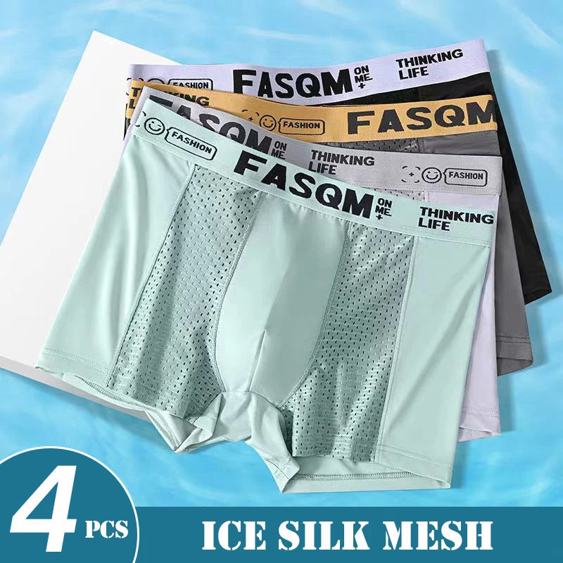 4pcs Mesh Ice Silk Boxer Shorts Men's Underwear FASQM Underpants Breathable Sexy Slim Panties Bamboo Lingerie Plus Size L-6XL