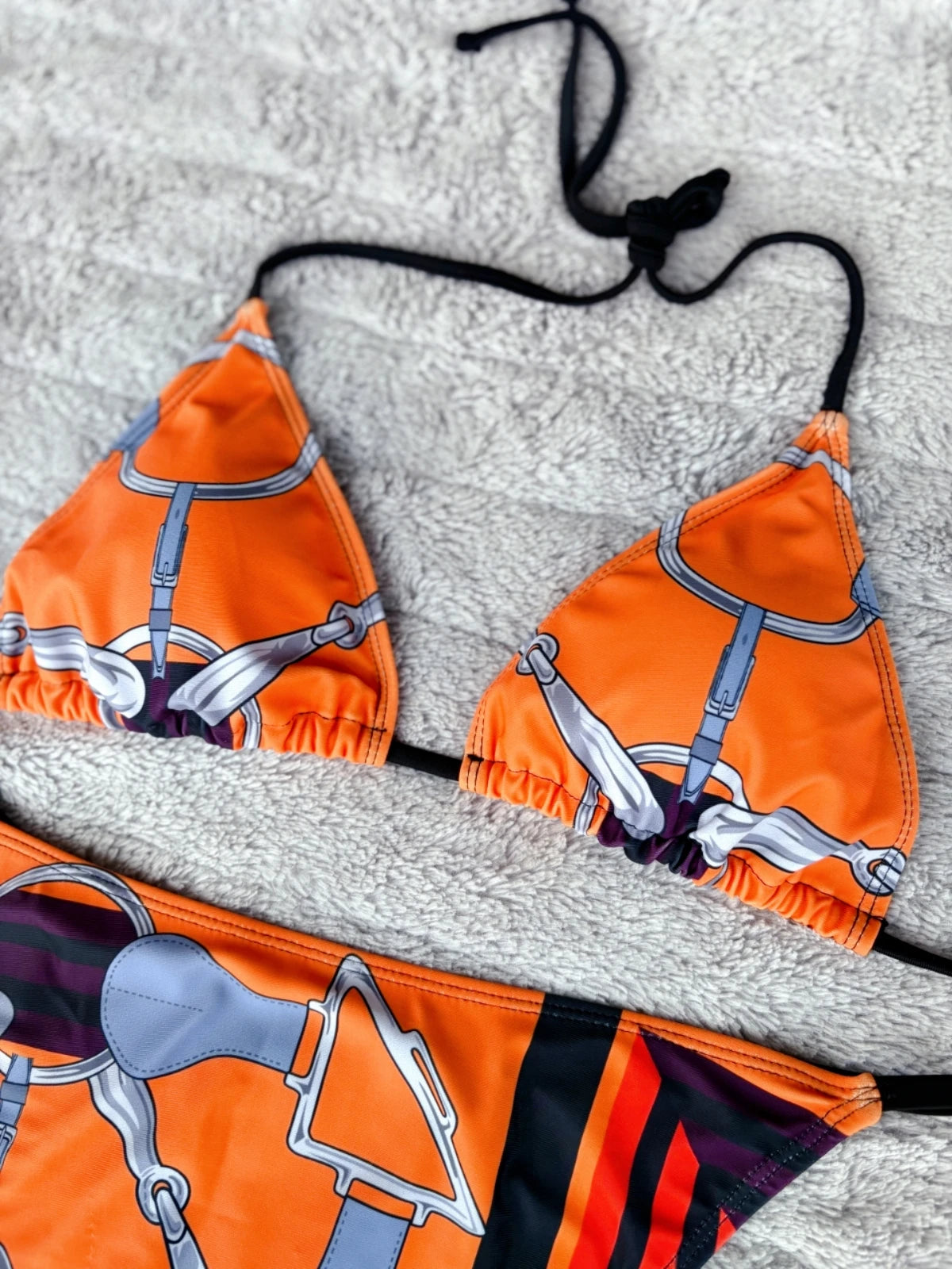 Luxury Sexy Orange Geometry Print Bikini 2 pieces Set Women Halter Elastic Thong Swimsuit Beach Bathing Suit Holiday Beachwear