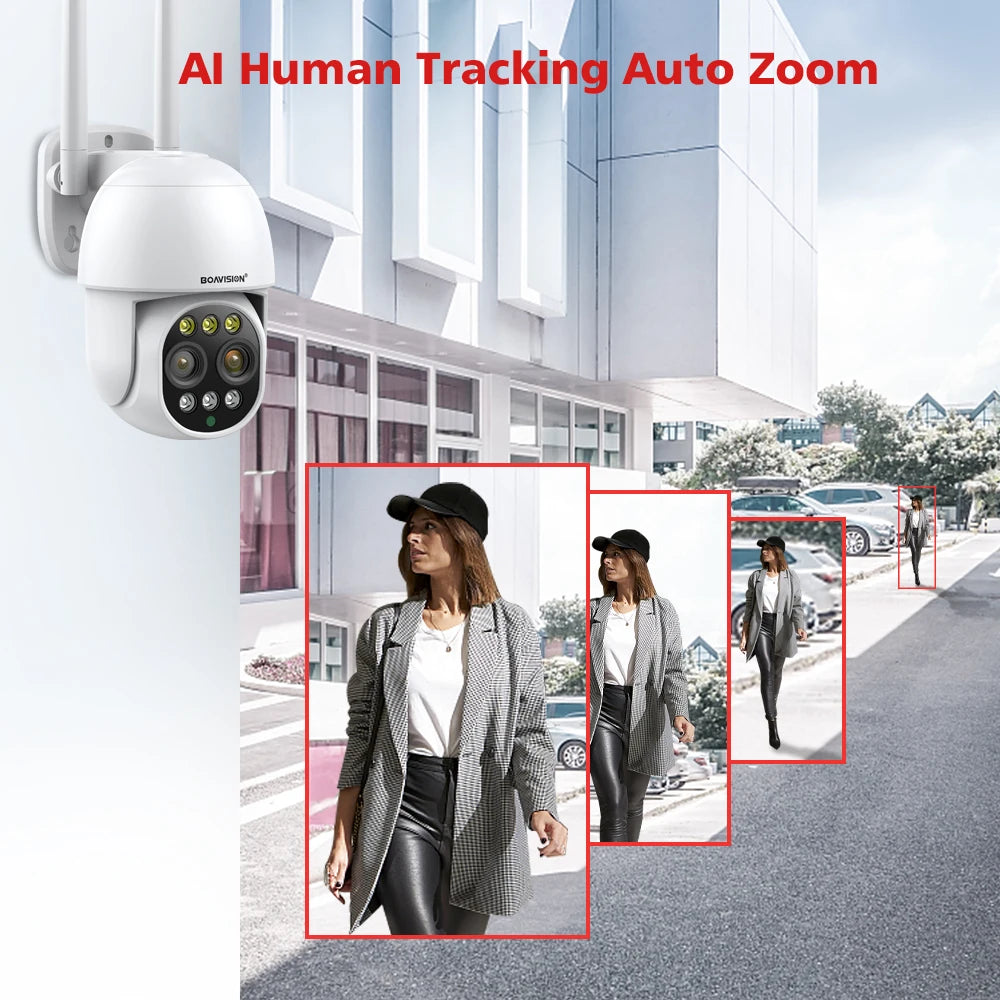 BOAVISION HD 8MP WIFI Camera PTZ Dual Lens 8X Digital Zoom Outdoor 4K AI humanoid Auto Tracking Zoom Audio iCSee Security Camera