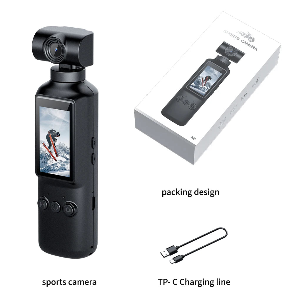 Portable 4K/2K video camera, rotatable lens charging action camera, travel and party recorder, outdoor sports Vlog camera