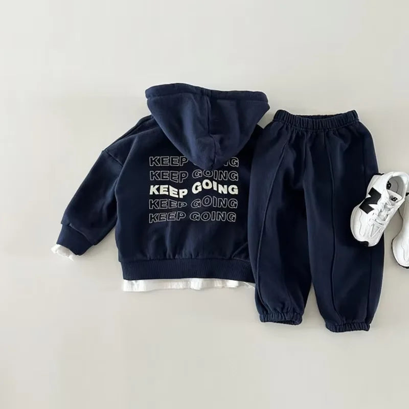 TZ23165 Autumn Winter New Korean Style Unisex Kids Hooded Zipper Long Sleeve Sweatshirt And Pants Two-Piece Set