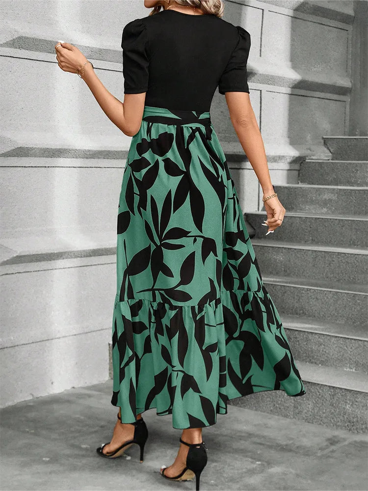 Elegant Floral Print Round Neck Long Dresses Women Short Sleeve High Waist Lace-up Office Lady Holiday Party Dresses Vestidos